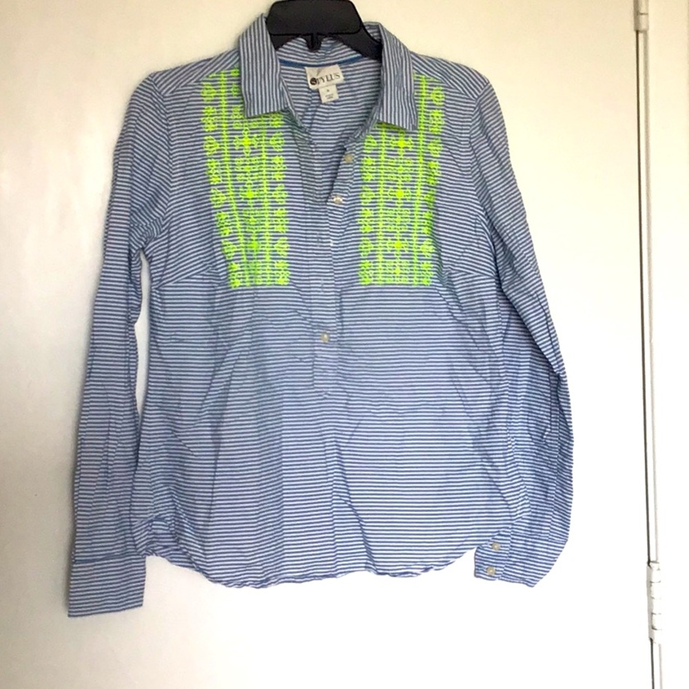 Cute denim summer shirt with neon green embroidery